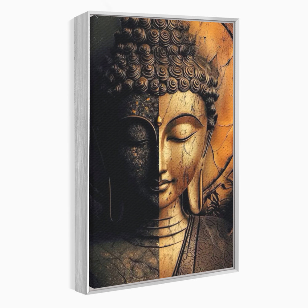 Tablou canvas cu tablou canvas cu chipul lui buddha in doua culori, in rama de aluminiu argintiu